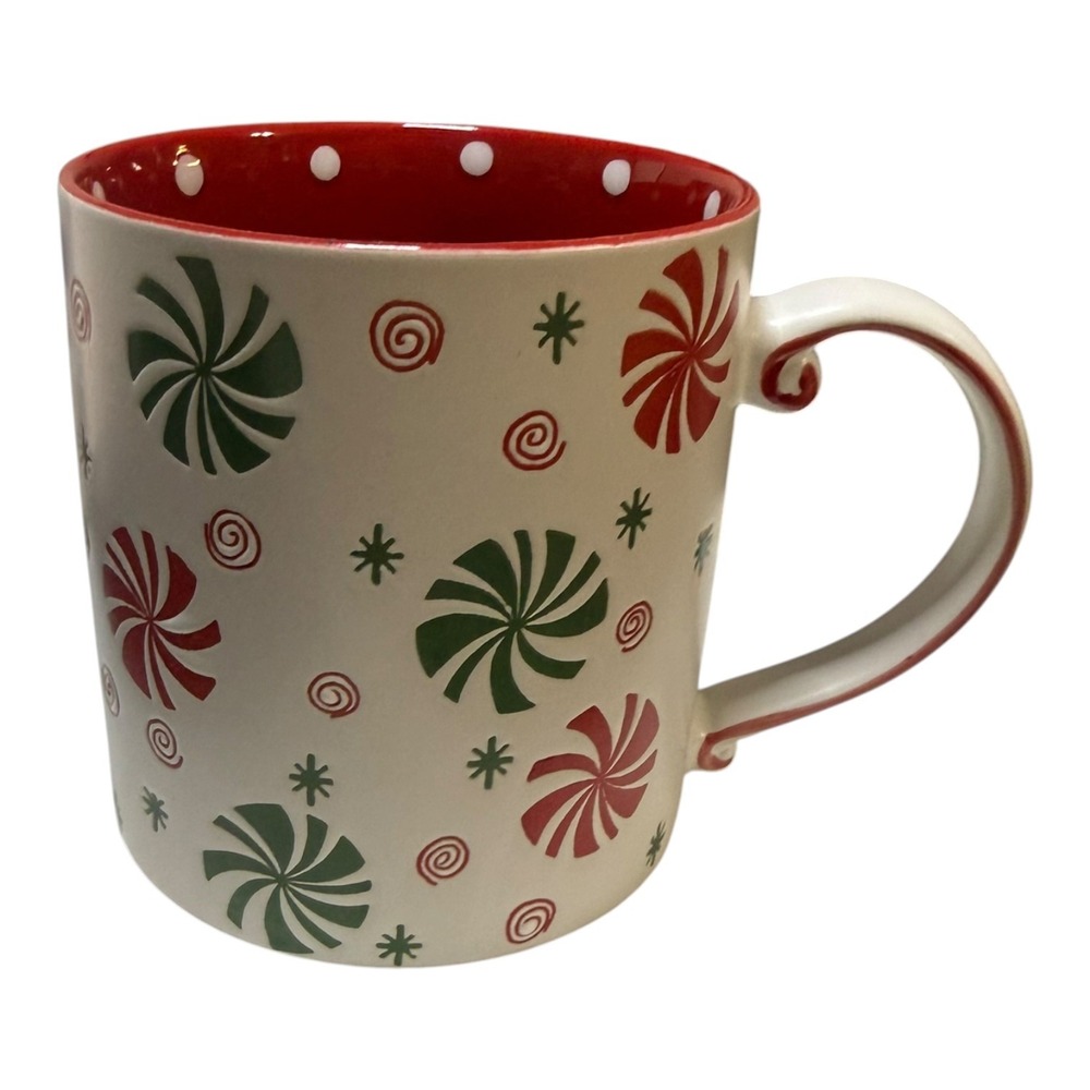 Eli + Ana Peppermint Candy Christmas Coffee Mug Red Green Polka Dot Ceramic